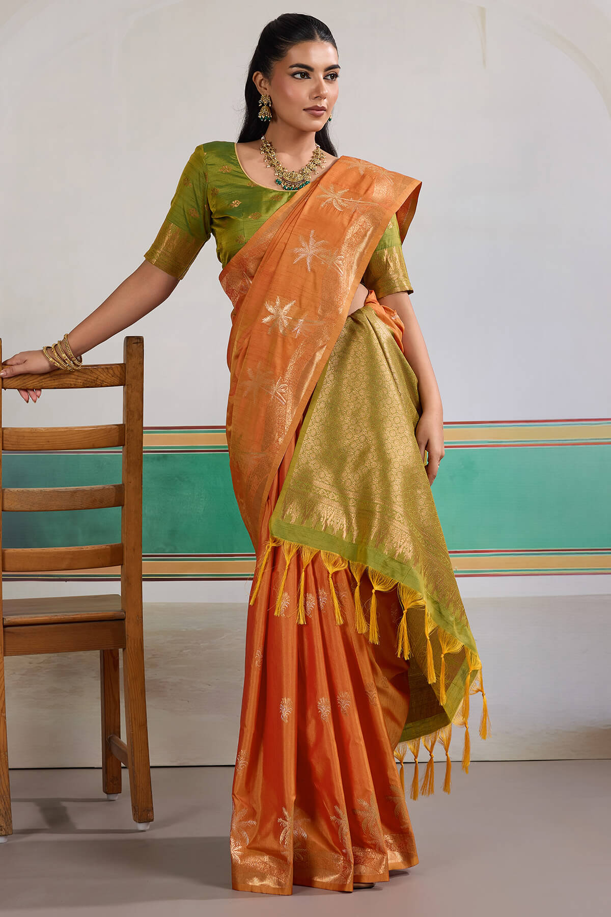 Seraphic Orange Banarasi Tussar Silk Saree With Extraordinary Blouse Piece