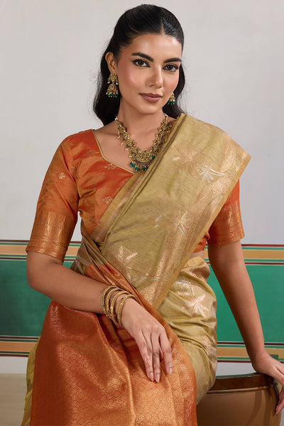 Supernal Beige Banarasi Tussar Silk Saree With Artistic Blouse Piece