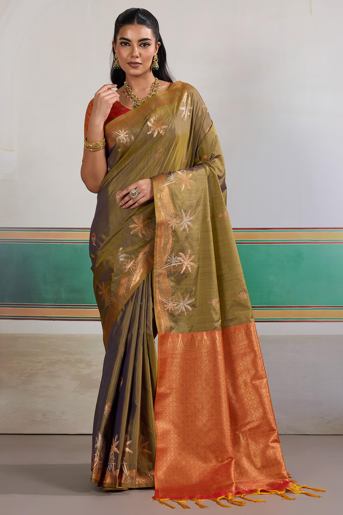Epiphany Mustard Banarasi Tussar Silk Saree With Gleaming Blouse Piece