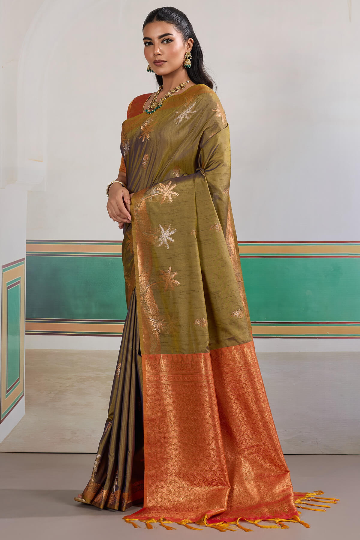 Epiphany Mustard Banarasi Tussar Silk Saree With Gleaming Blouse Piece