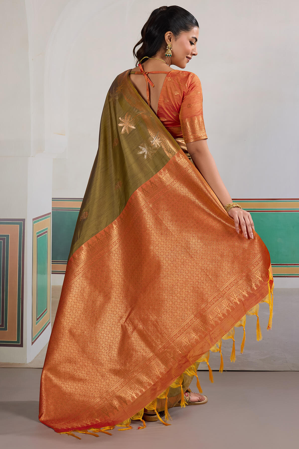 Epiphany Mustard Banarasi Tussar Silk Saree With Gleaming Blouse Piece