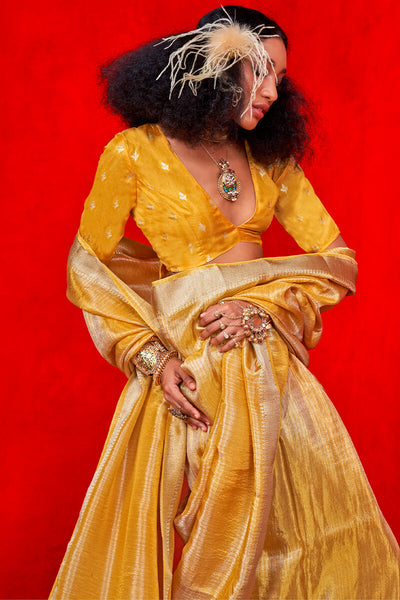Impressive Mustard Soft Banarasi Silk Saree With Appealing Blouse Piece