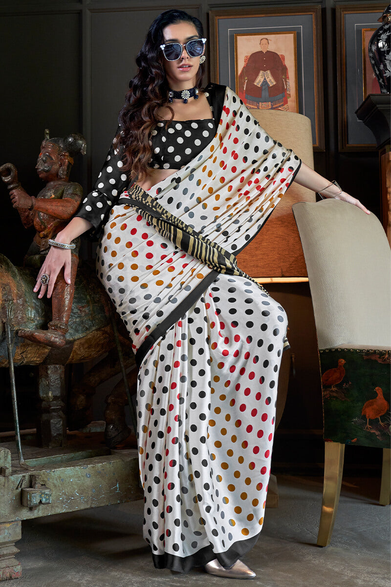 Resplendent White Digital Printed Satin Silk Saree With Profuse Blouse Piece