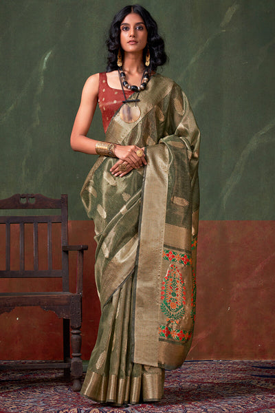 Cynosure Green Paithani Pure Tissue Silk Saree With Bewitching Blouse Piece