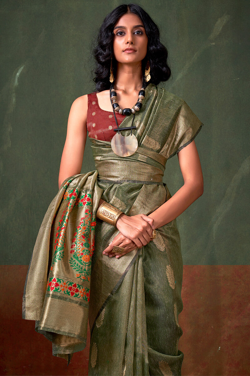 Cynosure Green Paithani Pure Tissue Silk Saree With Bewitching Blouse Piece