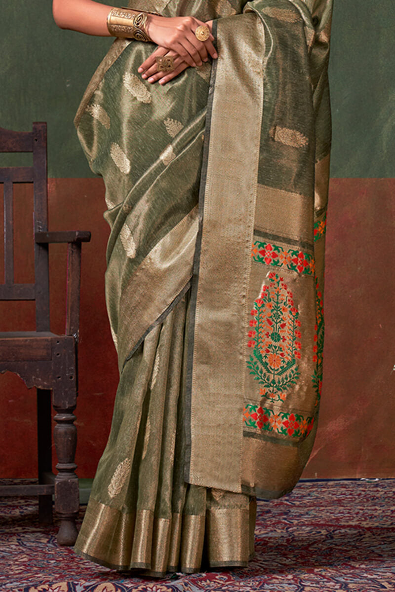 Cynosure Green Paithani Pure Tissue Silk Saree With Bewitching Blouse Piece