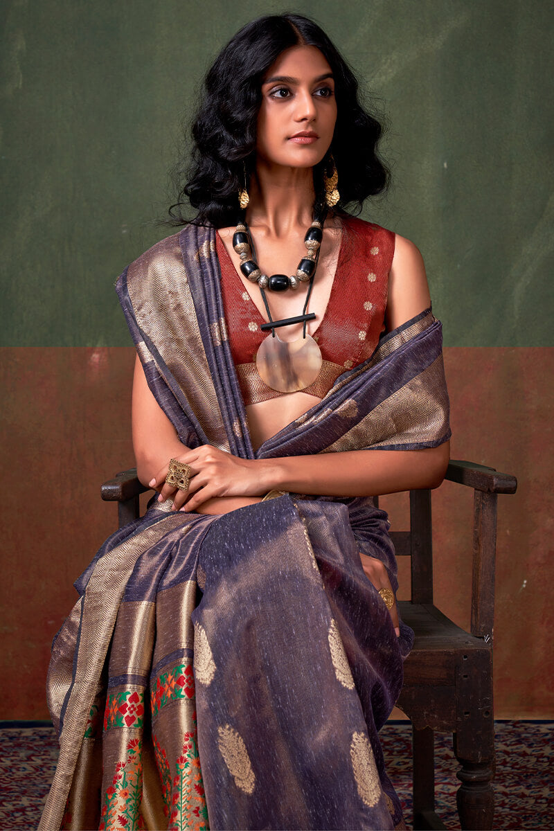 Blissful Blue Paithani Pure Tissue Silk Saree With Grandiose Blouse Piece