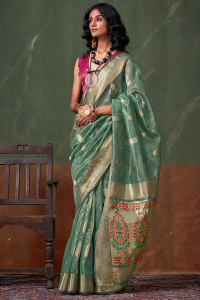 Lissome Sea Green Paithani Pure Tissue Silk Saree With Ailurophile Blouse Piece