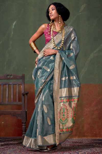 Piquant Rama Paithani Pure Tissue Silk Saree With Enticing Blouse Piece