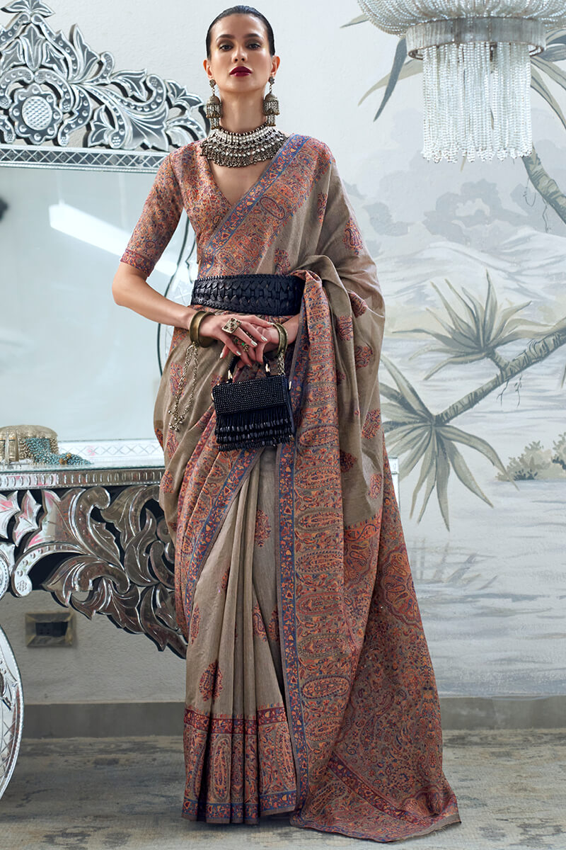 Phenomenal Grey Pashmina saree With Desiring Blouse Piece