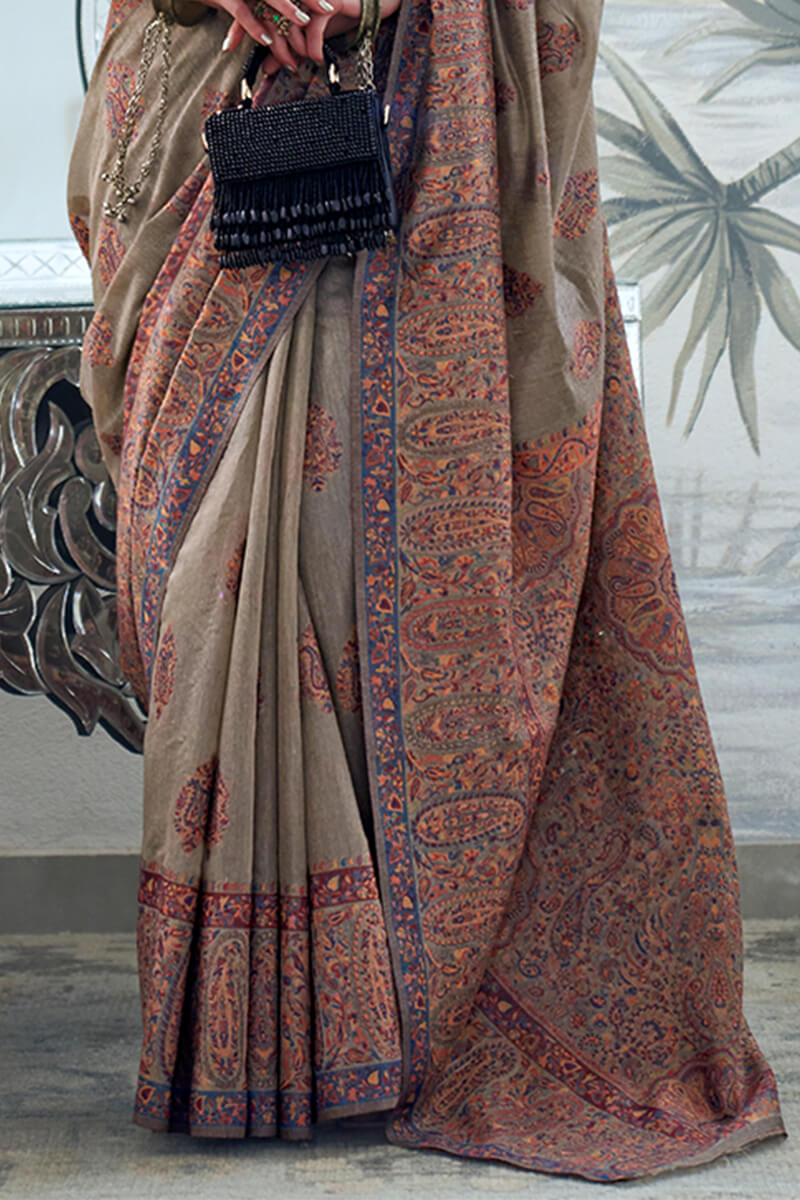 Phenomenal Grey Pashmina saree With Desiring Blouse Piece
