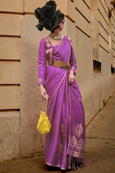 Eclat Lavender Banarasi Satin Silk Saree With Flameboyant Blouse