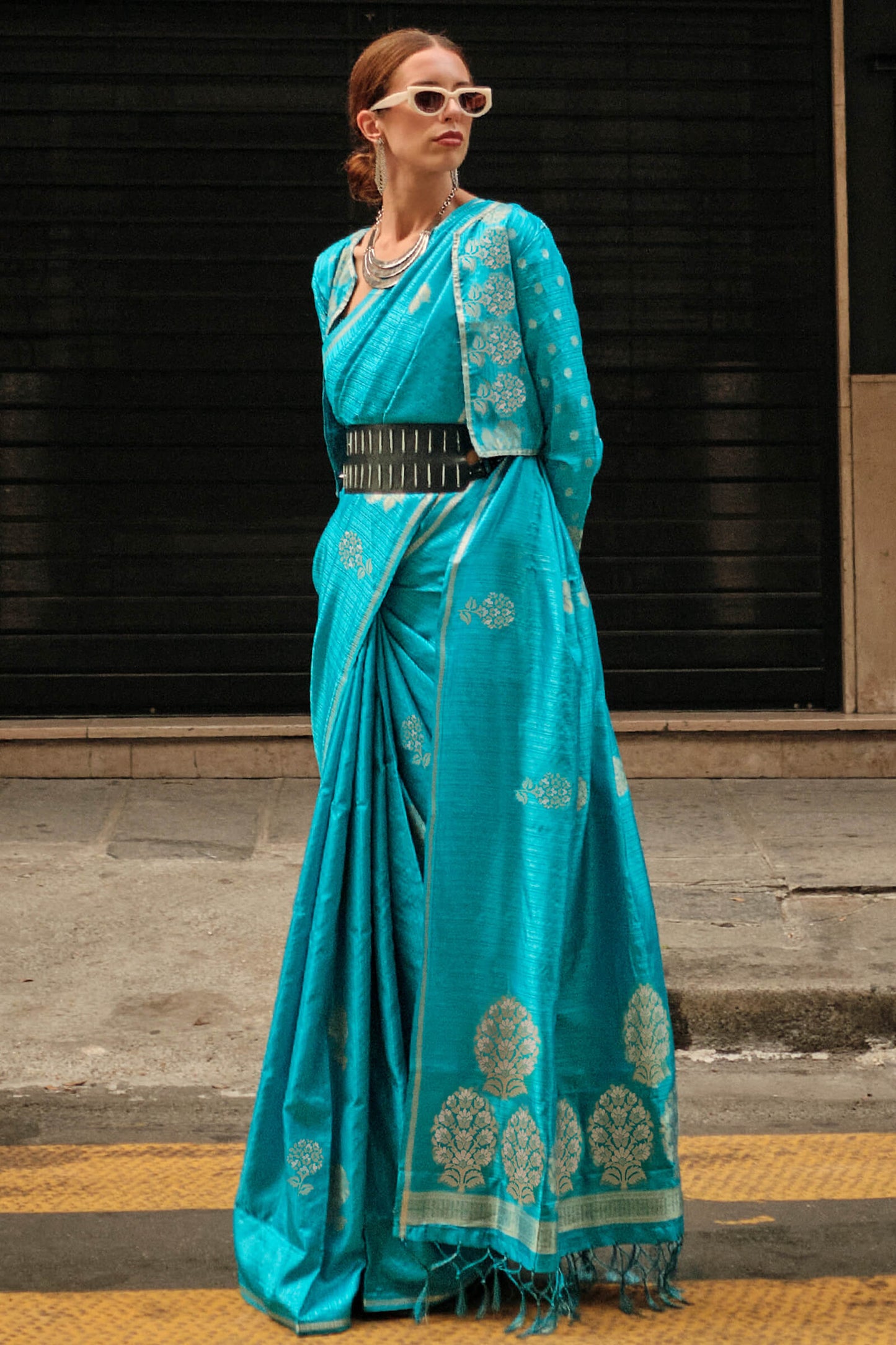 Quixotic Firozi Banarasi Satin Silk Saree With Artistic Blouse