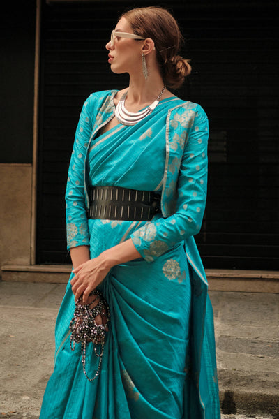 Quixotic Firozi Banarasi Satin Silk Saree With Artistic Blouse