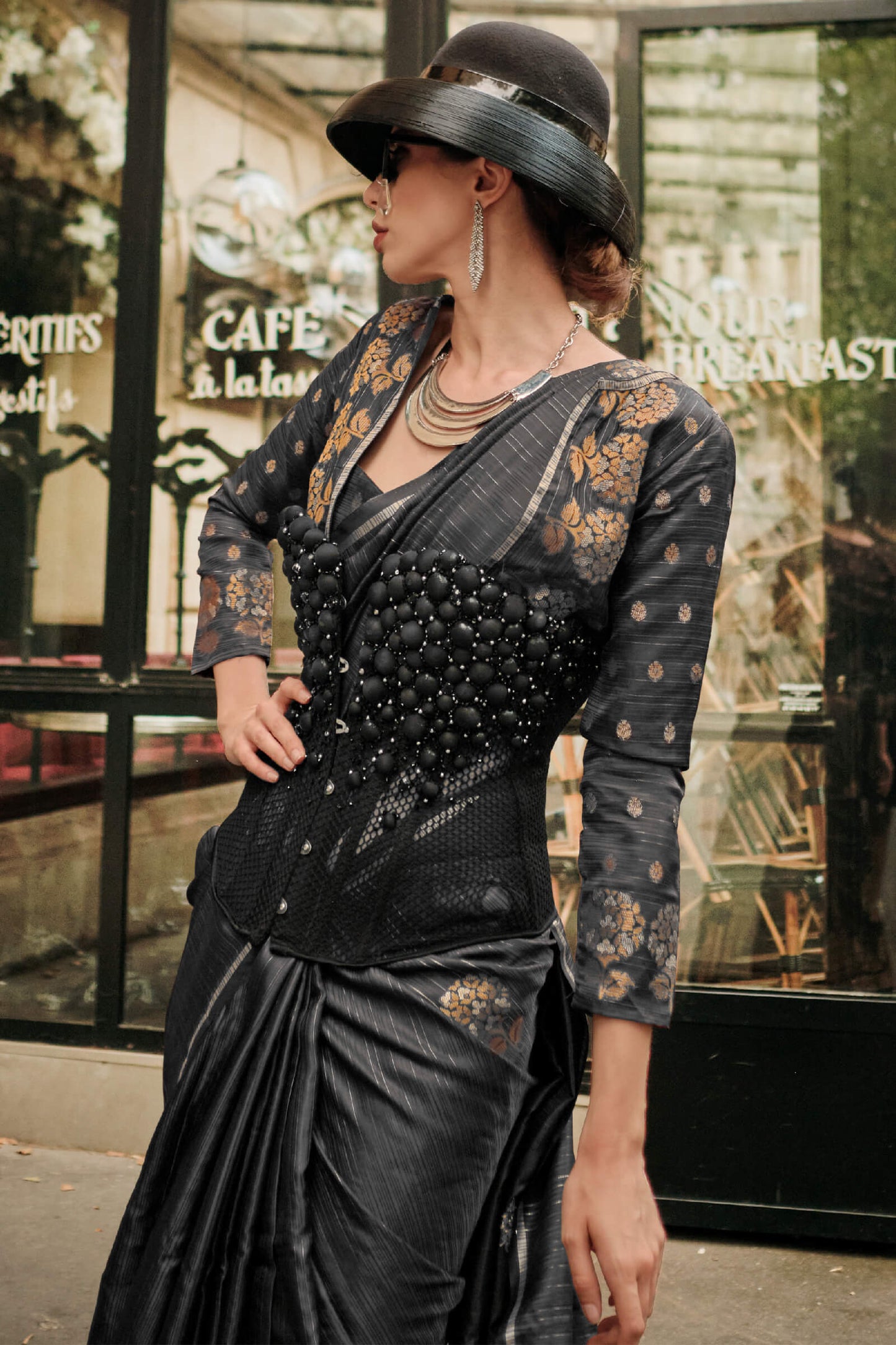 Pretty Black Banarasi Satin Silk Saree With Unequalled Blouse