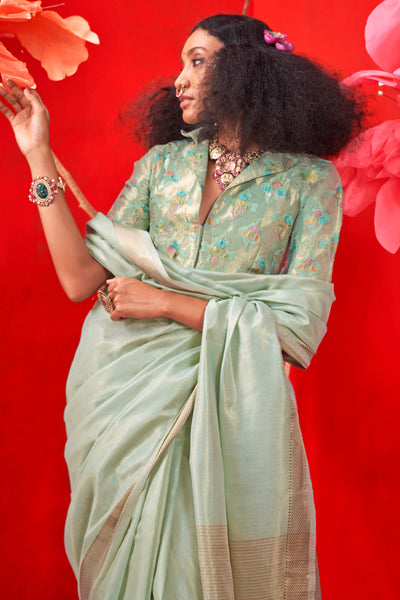 Lissome Sea Green Soft Banarasi Tissue Silk Saree With Beauteous Blouse Piece