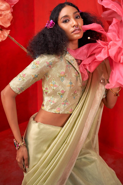 Sizzling Pista Soft Banarasi Tissue Silk Saree With Radiant Blouse Piece