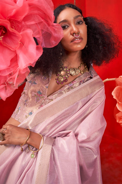 Serendipity Baby Pink Soft Banarasi Tissue Silk Saree With Snappy Blouse Piece