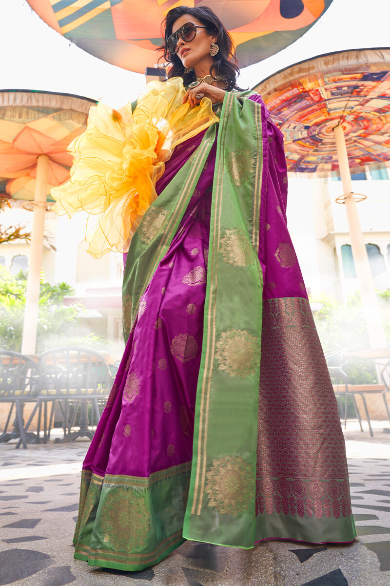 Petrichor Magenta Soft Banarasi Silk Saree With Elision Blouse Piece