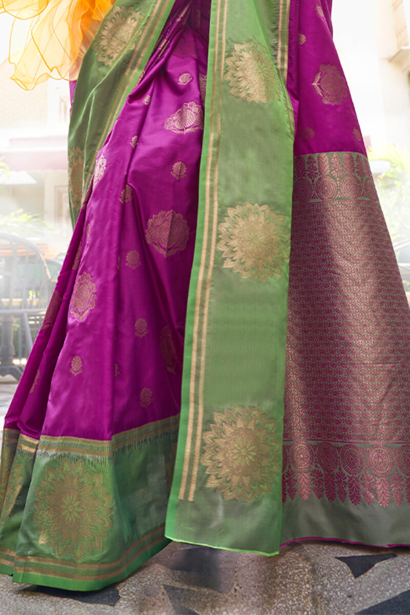 Petrichor Magenta Soft Banarasi Silk Saree With Elision Blouse Piece