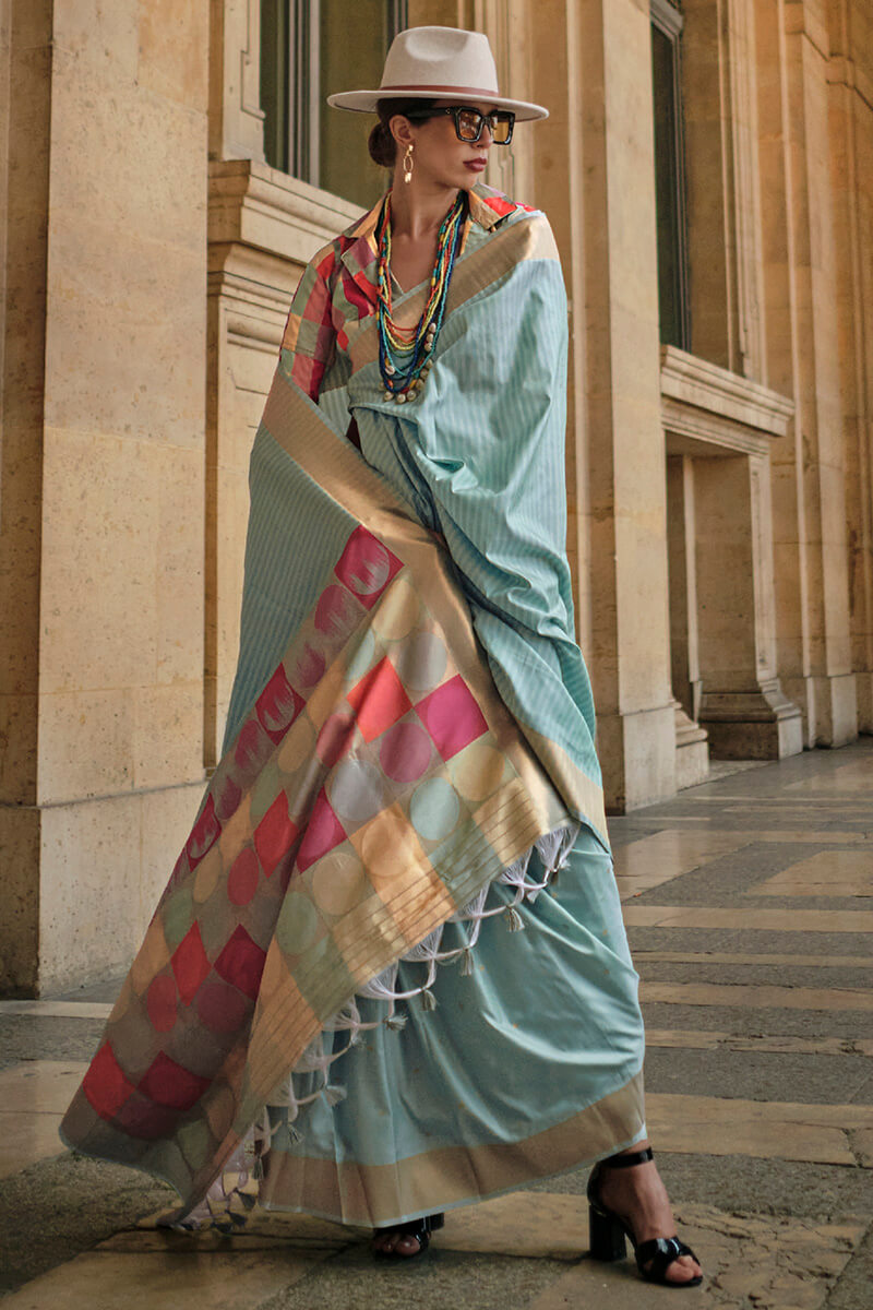 Girlish Sky Soft Banarasi Silk Saree With Unique Blouse Piece