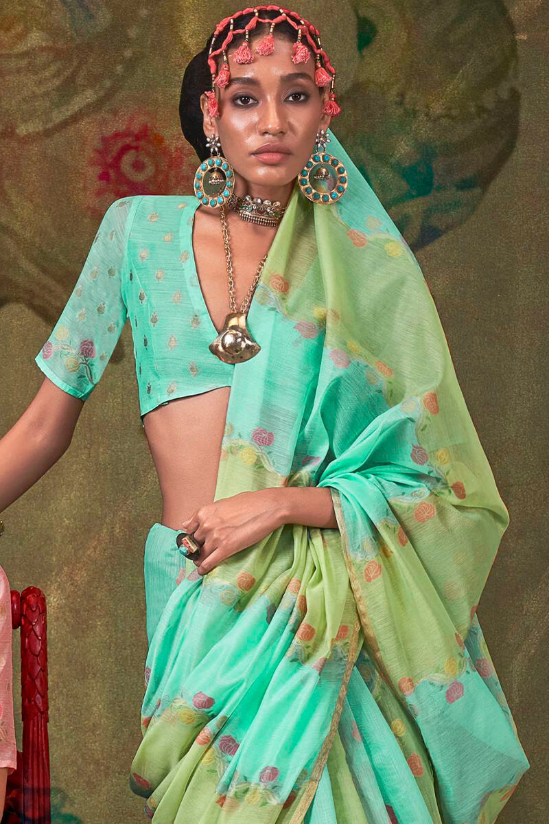 Bewitching Turquoise Cotton Silk Saree With Desirable Blouse Piece