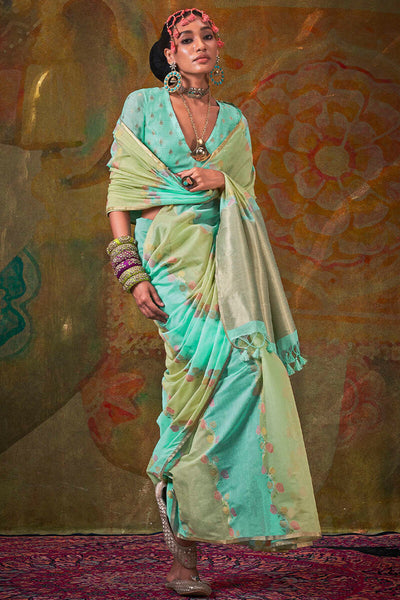 Bewitching Turquoise Cotton Silk Saree With Desirable Blouse Piece