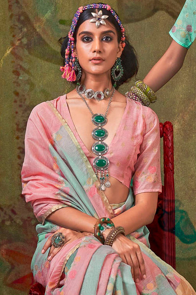 Nectarous Pink and Grey Cotton Silk Saree With Devastating Blouse Piece