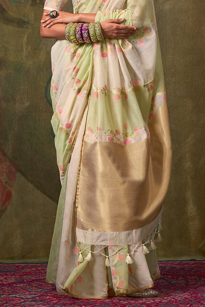 Whimsical Beige and Pista Cotton Silk Saree With Seraphic Blouse Piece