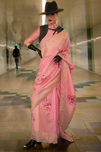 Tantalizing Pink Soft Banarasi Silk Saree With Eclat Blouse Piece