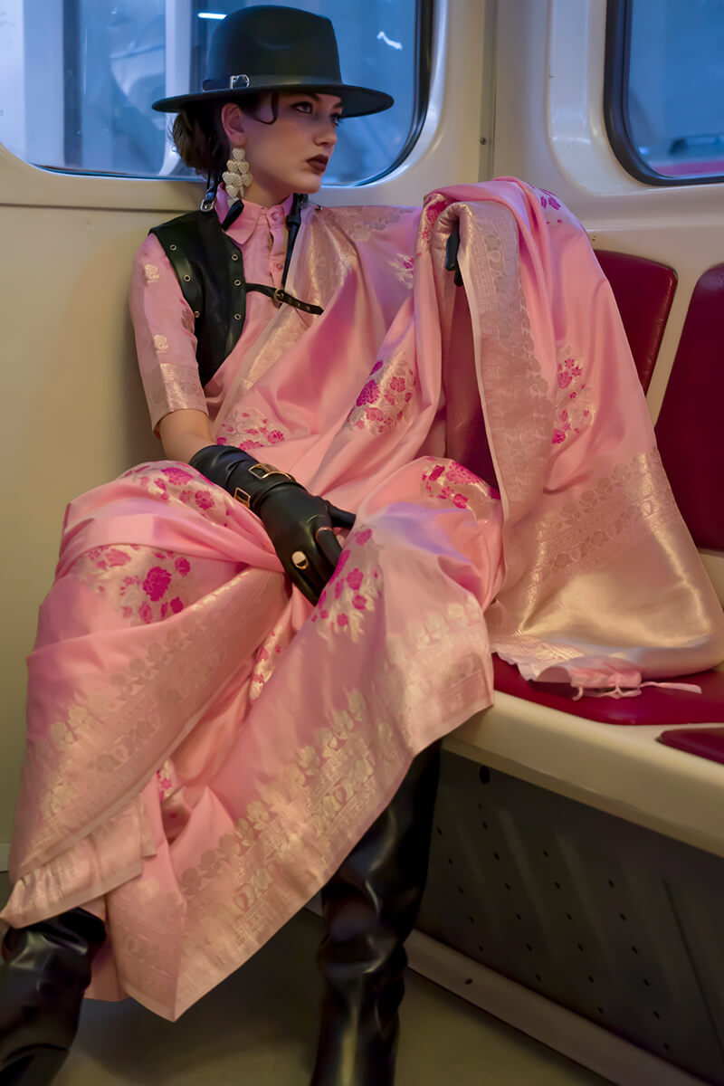 Tantalizing Pink Soft Banarasi Silk Saree With Eclat Blouse Piece