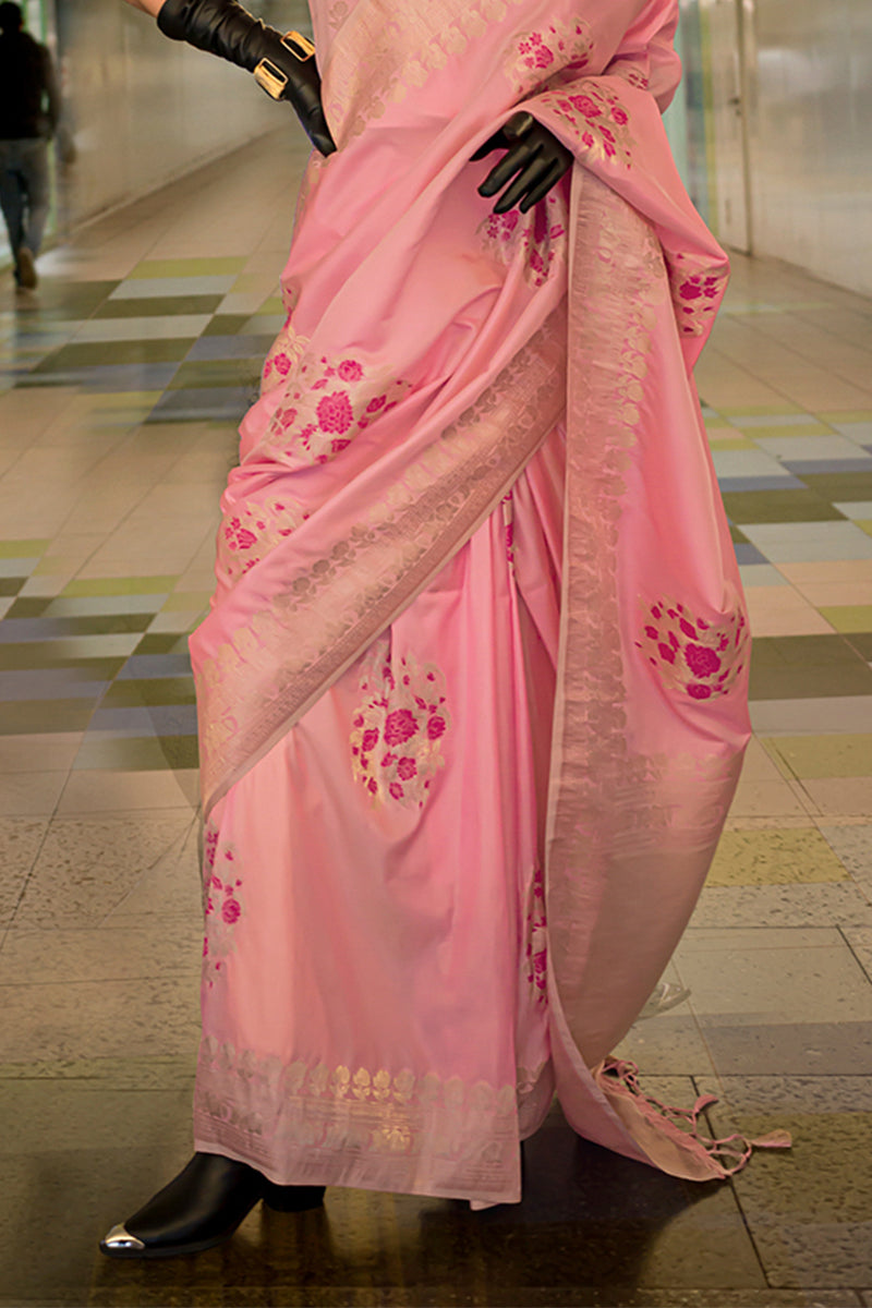 Tantalizing Pink Soft Banarasi Silk Saree With Eclat Blouse Piece