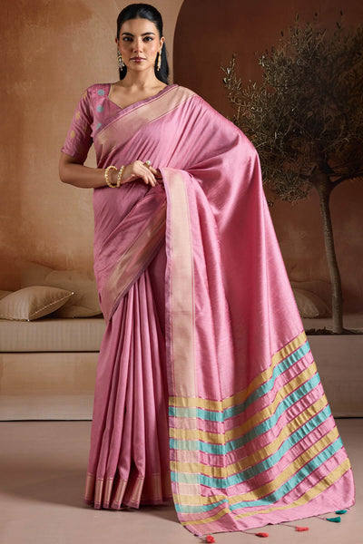 Angelic Pink Soft Banarasi Bhagalpuri Silk Saree With Sumptuous Blouse Piece