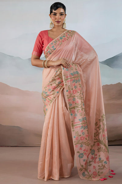 Pleasant Peach Soft Banarasi Tissue Silk Saree With Evocative Blouse Piece
