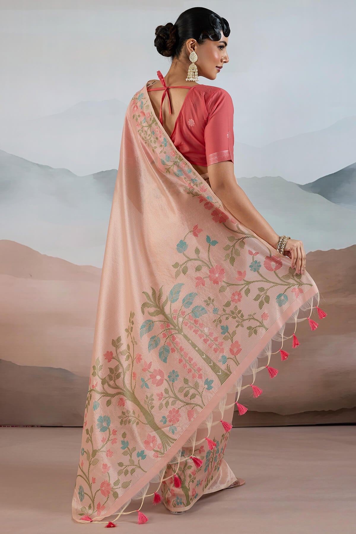 Pleasant Peach Soft Banarasi Tissue Silk Saree With Evocative Blouse Piece