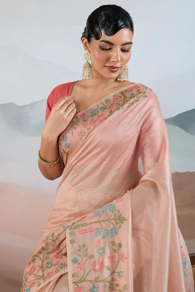 Pleasant Peach Soft Banarasi Tissue Silk Saree With Evocative Blouse Piece
