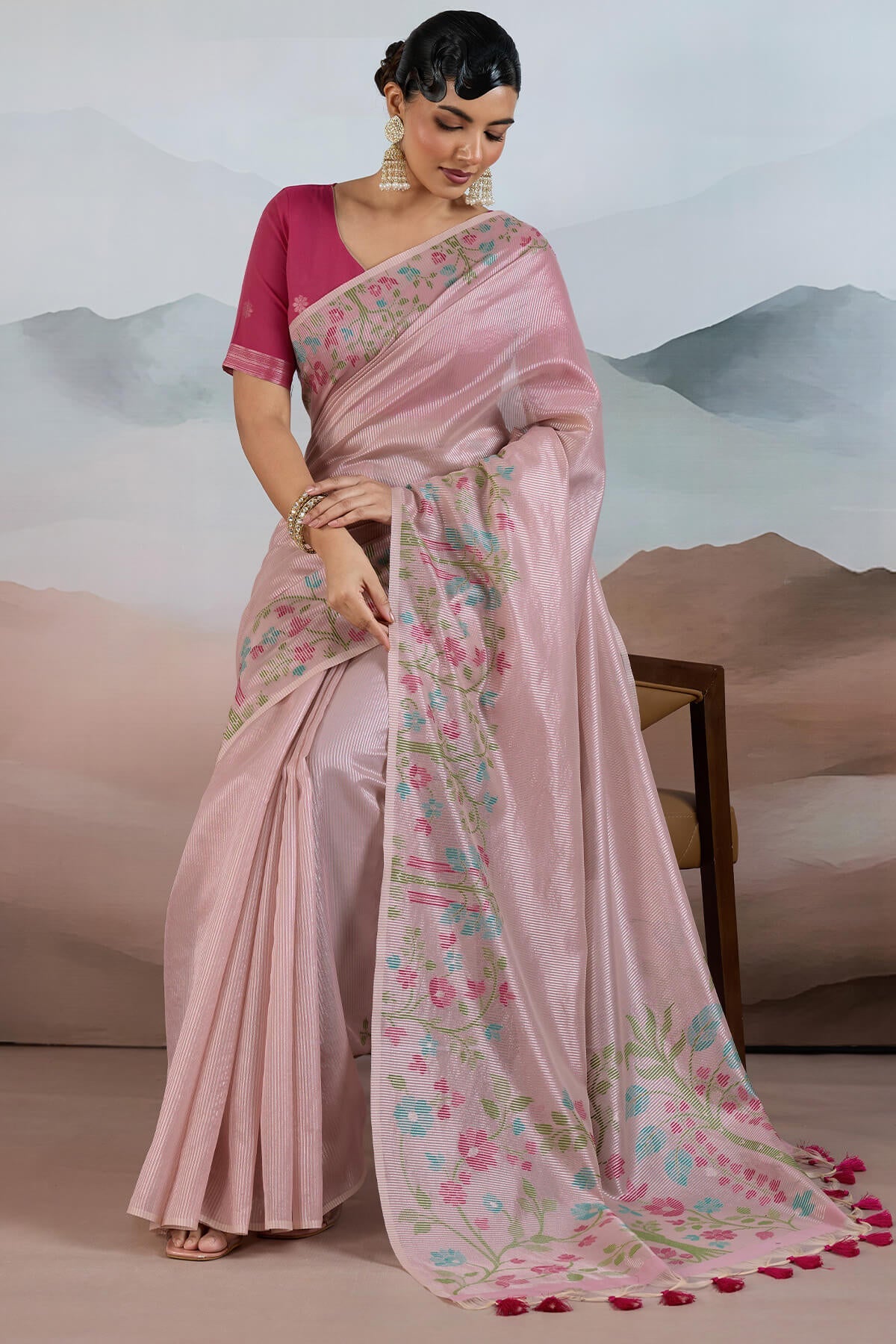 Excellent Pink Soft Banarasi Tissue Silk Saree With Dissemble Blouse Piece
