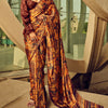 Beguiling Brown Digital Printed Satin Silk Saree With Embellished Blouse Piece
