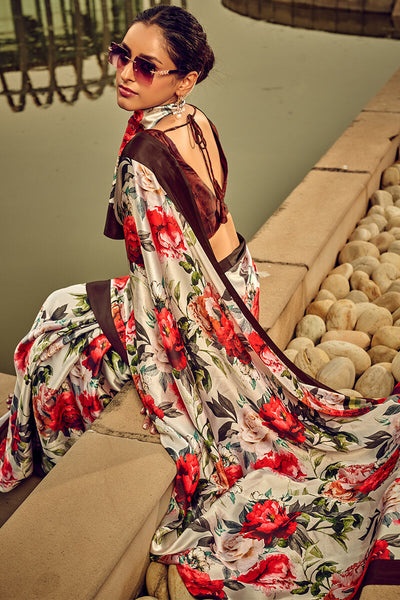 Zephyr Off White Digital Printed Satin Silk Saree With Ineffable Blouse Piece