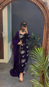 Royal Purple Velvet Embroidered Kurti Pant Set with Dupatta