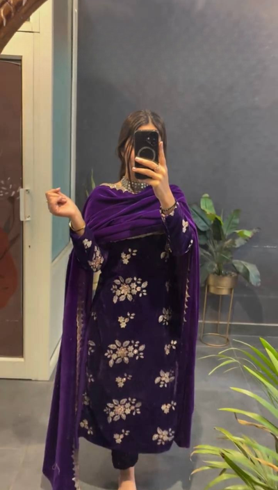 Royal Purple Velvet Embroidered Kurti Pant Set with Dupatta