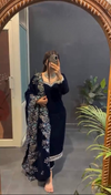 Navy Blue Velvet Kurti Pant Set with Embroidered Dupatta – Festive & Party Wear