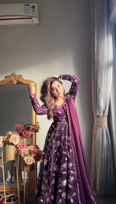 Royal Purple Floral Embroidered Jacket Style Anarkali Set with Dupatta