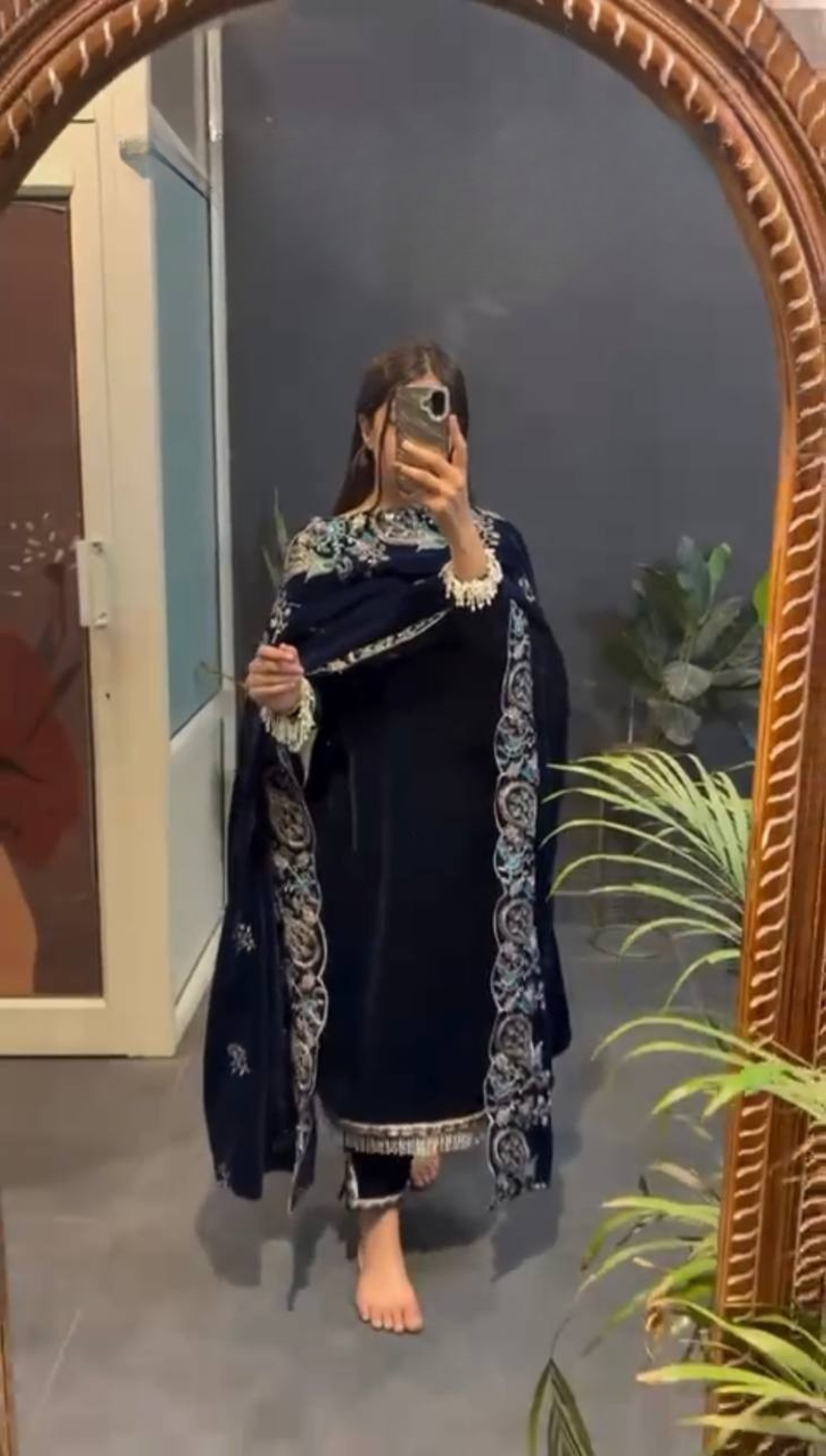 Navy Blue Velvet Kurti Pant Set with Embroidered Dupatta – Festive & Party Wear