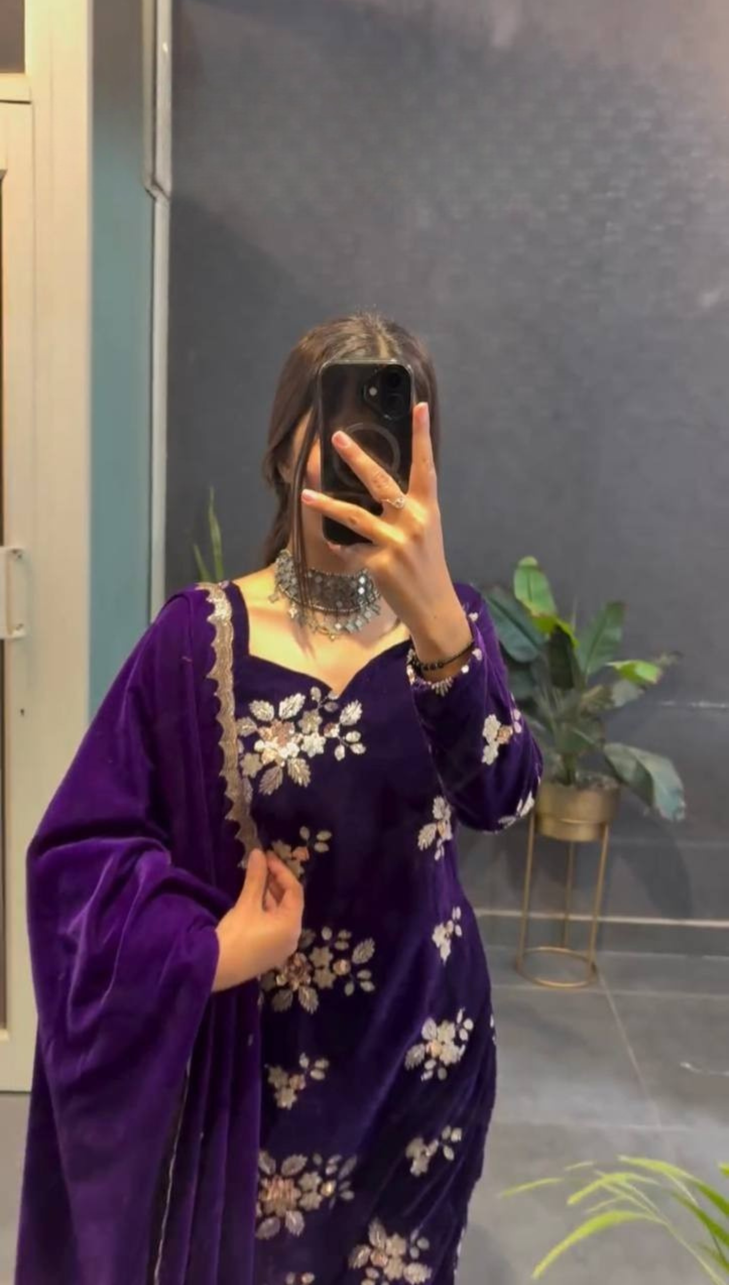 Royal Purple Velvet Embroidered Kurti Pant Set with Dupatta