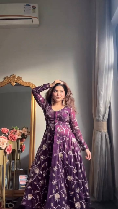 Royal Purple Floral Embroidered Jacket Style Anarkali Set with Dupatta