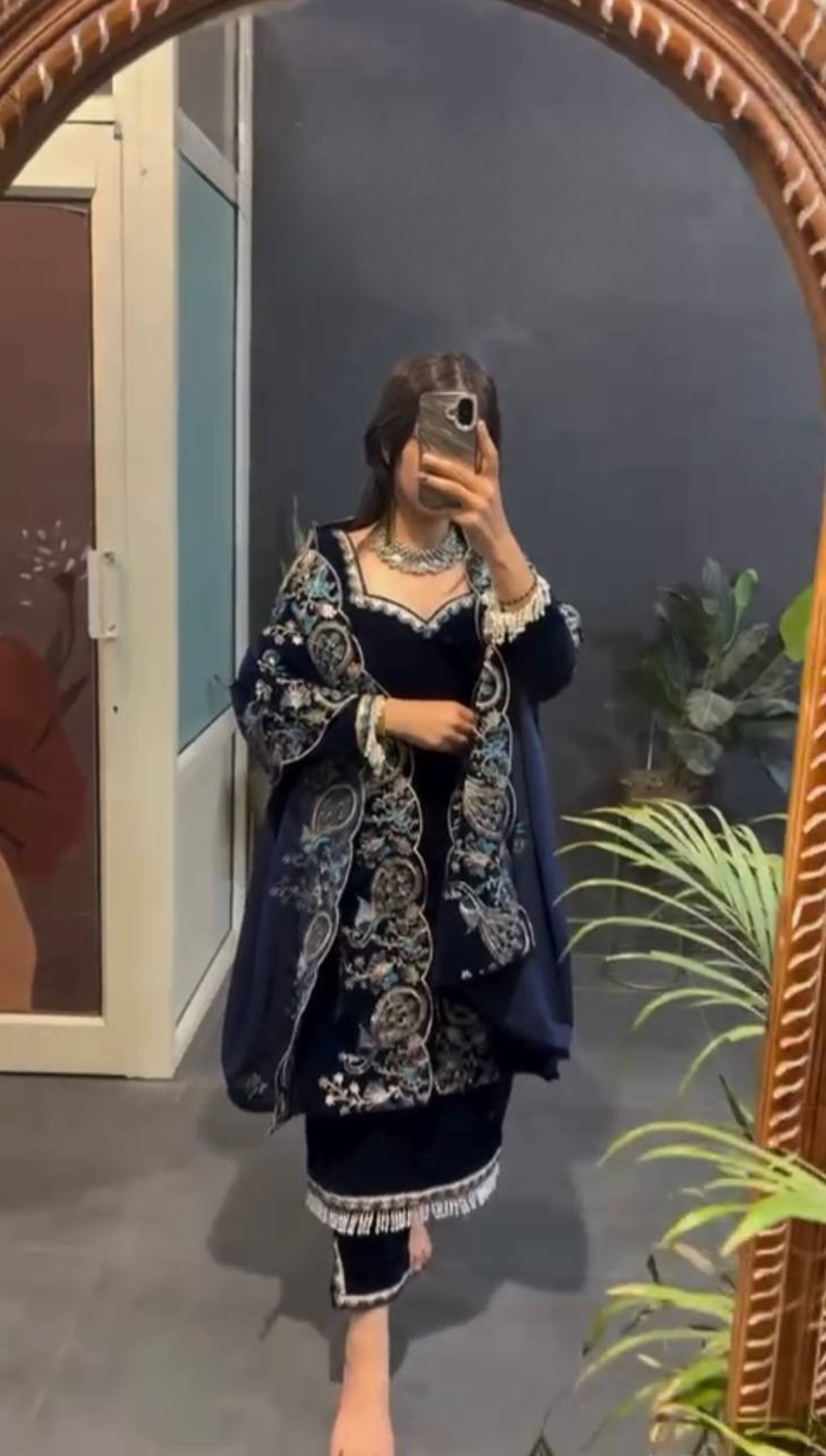 Navy Blue Velvet Kurti Pant Set with Embroidered Dupatta – Festive & Party Wear
