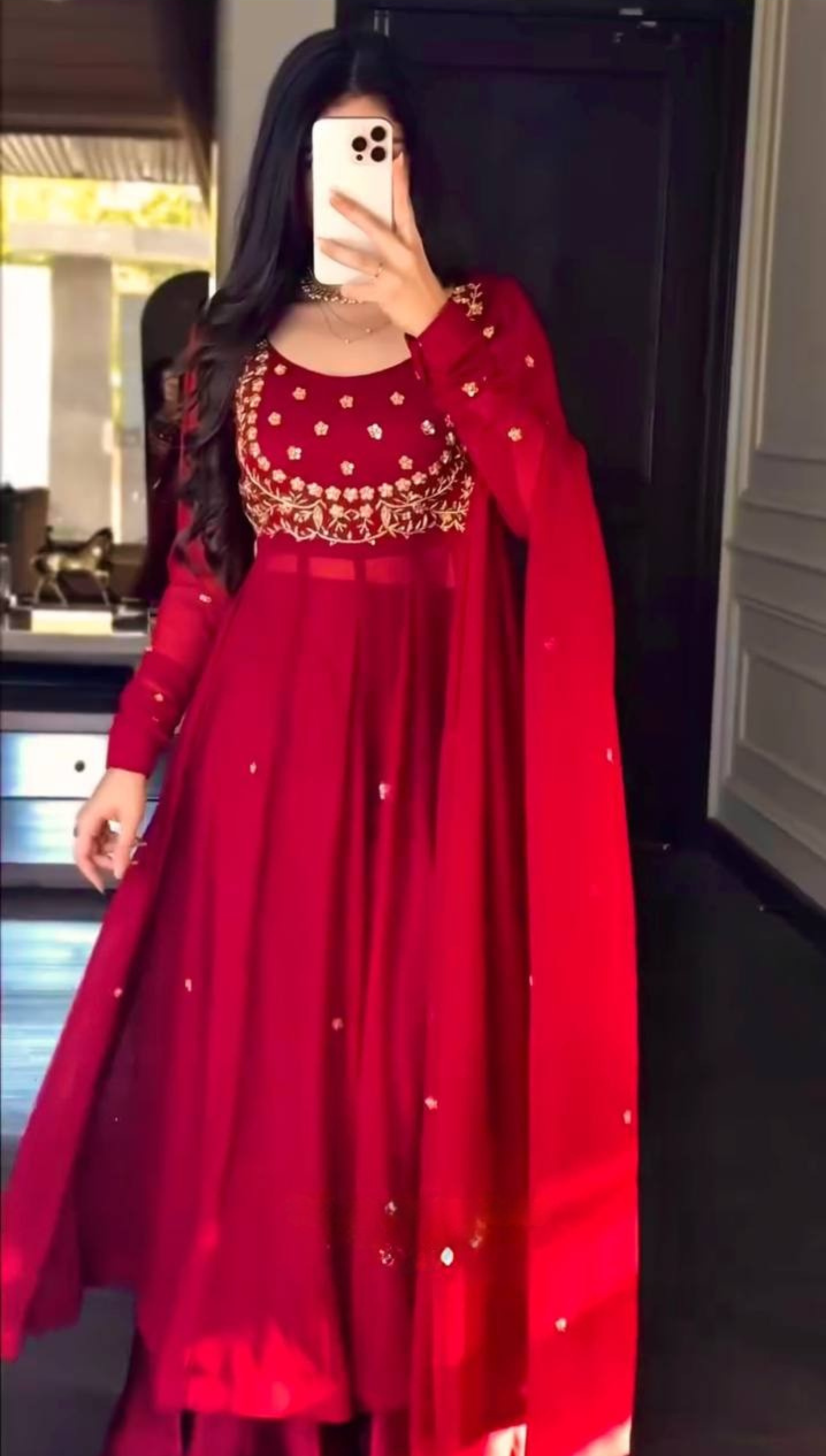 Classic Red Embroidered Anarkali Suit Set with Dupatta
