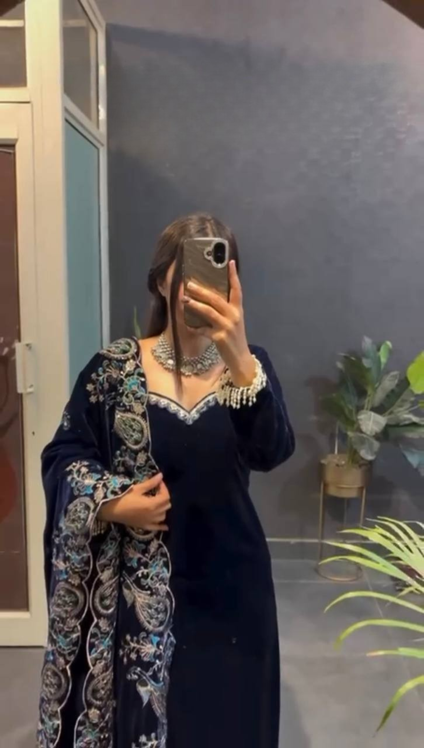 Navy Blue Velvet Kurti Pant Set with Embroidered Dupatta – Festive & Party Wear