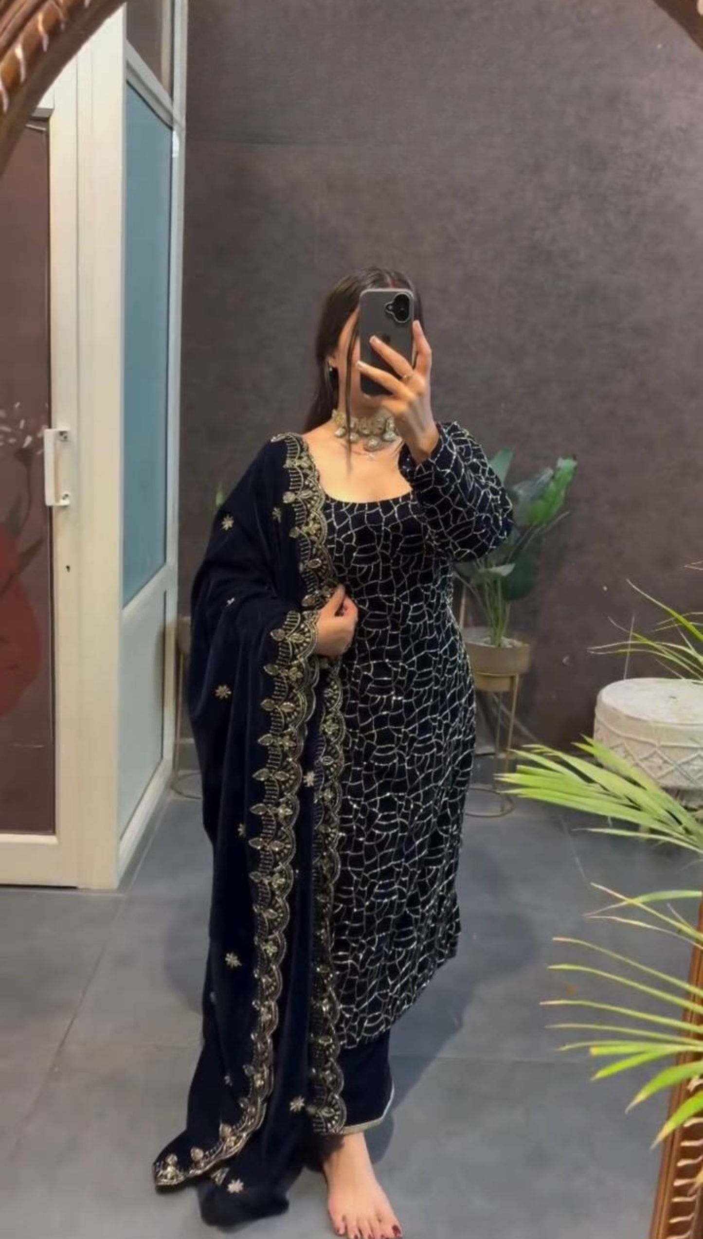 Navy Blue Embroidered Kurti Pant Set with Designer Dupatta